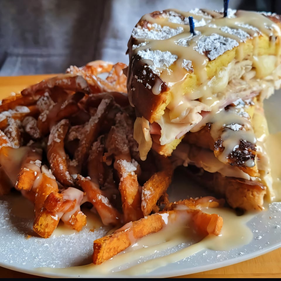 A Monte Cristo sandwich with powdered sugar and glaze, served with sweet potato fries.